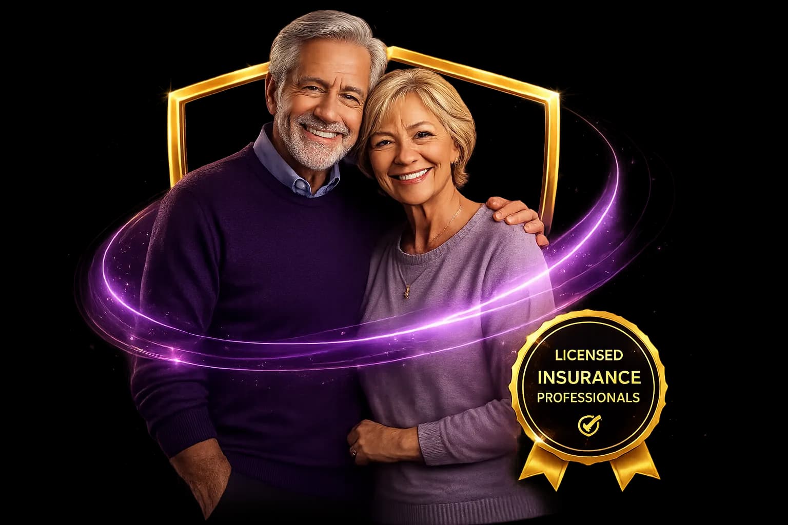 Smiling senior couple protected by Medicare insurance shield